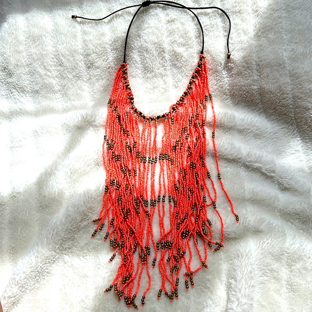 Fun and festive beaded fringe statement necklace, adjustable neckline